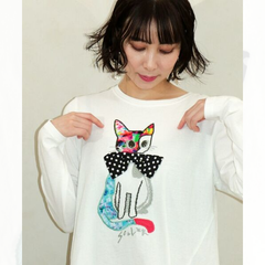 131621：ネコ柄刺繍アップリケチュニックロングスリーブTシャツ