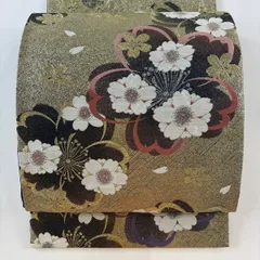 【美品】 袋帯 秀品 振袖向き 桜 花びら 金糸 箔 金色 六通 正絹 【中古】