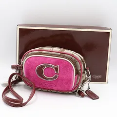 箱付 未使用品 コーチ シグネチャー キャンバス/レスエード ブラウン/ピンク シルバー金具 2way ポーチ/ショルダーバッグ NSY 2000000 NSK