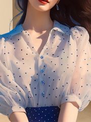シフォンブラウス　半袖　透け感 パフ　水玉　半袖 シャツ 大人キレイ