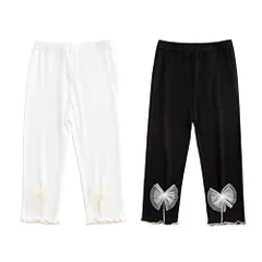 1/ブラック+ホワイト_110 [VIISEN] 7分丈 レギンス パンツ女の子 キッズ 2枚セット 夏 薄手キッズ 女児 ボトムス スパッツ レース 蝶結び付き 子供服 ストレッチ ショートパンツ ガールズ 可愛い 通園 通学 普段着 カジュアル 多色 10