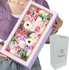 Puanela ソープフラワー フラワーボックス 誕生日 プレゼント 母の日 退職 敬老の日 造花 紙袋付き(ピンク,  大)