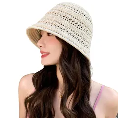 バケットハット レディース 透かし編み 小顔効果 深め 紫外線 対策 帽子 韓国 日焼け 対策 ストロー ハット 4カラー ハット HAT カギ 鍵 編み メッシュ 大きい 大きめ UV カット 旅行 可愛い シンプル 無 [ベージュ] [Free Size]