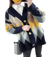 [Dep Club] ほっこり暖かい ニット レディース ゆったり 体型カバー 暖かい カーディガン ベスト おしゃれ 防寒 長袖 大きいサイズ ふわもこ アーガイル 春 秋 冬 春秋 秋冬 (JP, アルファベット, F [ネイビー] [Free Size]