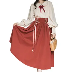 Size:M_Color:レッド [LAVASEON] 量産型 可愛い 2点セット ブラウス スカート レディース ミモレ丈 上下セットアップ 蝶結び 地雷系 長袖 学院風 森ガール Aライン ロリータ 姫系 きれいめ デート