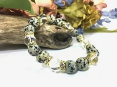 ダルメシアンジャスパー×水晶 パワーストーン ブレスレット 天然石ブレス (ロンデル： ゴールド) 10mm メンズ・レディース △