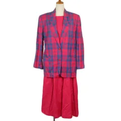 ハナエモリ HANAE MORI ビンテージ スーツ 3ピース 3点セット ジャケット スカート チェック リネン M ピンクのサムネイル