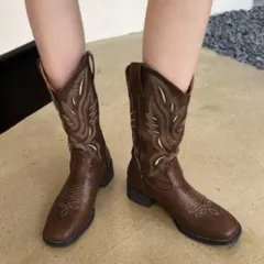 ☆ ダークブラウン ☆ 38(24cm) ☆ ショートブーツ pkboots0926 ショートブーツ レディース ウエスタンブーツ ブーツ シューズ 靴 くつ ミドル丈 スクエアトゥ 刺繍 柔らかい 疲れない 定番 カジュアル 履きやすい ヒール4cm