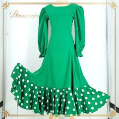 フラメンコ 衣装 ワンピース ドレス グリーン系 ドット柄 水玉