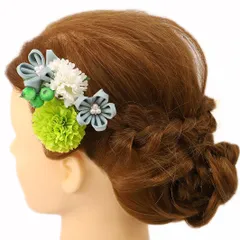 髪飾り 成人式 振袖 浴衣 卒業式 袴 結婚式 3点セット 黄緑 花 和 洋 パール かんざし 手作り 簪 つまみ細工 ちりめんフォーマル 花飾り 玉飾り ブライダル W 28 303-214 黄緑  o728　Si