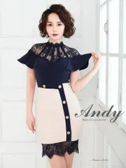 ネイビーベージュ[AN-OK2319]【Andy/アンディ】バイカラー/ レース切り替え/ ハイネック/ フレアスリーブ/ 半袖/ タイト/ フロントボタン/ ミニドレス/ ワンピース/ キャバドレス