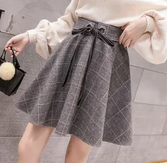 チェック柄 フレアスカート レディース 秋冬 体型カバー ハイウエスト 脚長効果 リボン付き きれいめ カジュアル 上品 通勤 通学 Aラインスカート 低身長 高身長 ミモレ丈 グレー 大人可愛い ガーリー ナチュラル 韓国ファッション [1185]