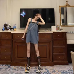 デニムサロペット ワンピース サロペットスカート ジャンパースカート 大人 レディース デニム ジャンスカ カジュアル オールインワン シンプル 無地 ゆったり ワイド ポケット  kyxyxz05