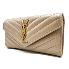 ✨良品✨ YVES SAINT LAURENT イブサンローラン 二つ折り 長財布 ロングウォレット フラップ Vステッチ カサンドラ ゴールド金具 ロゴ型押し 小銭入れ カードケース 定期入れ キャビアスキン レディース ベージュ 肌色