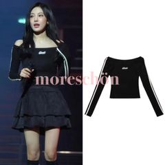 【BADBLOOD】aespa NINGNING 着用 Barbara off-shoulder top オフショルダー トップス サイドライン BLACK 長袖 薄手 tシャツ バッドブラッド エスパ ニンニン y2k スポーティー 韓国 未入荷
