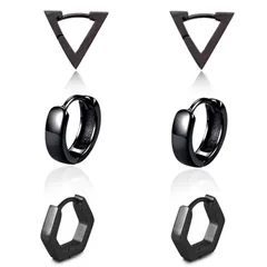 【新着商品】プレゼント ファッション 男女兼用 ユニセックス ブラック 丸 三角形 六角 セット ピアス 3ペア リングピアス メンズ レディース メンズフープピアス