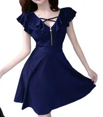 [ALL DAY Shining] ミニドレス ワンピース フロントジップ aライン タイト 半袖 オフショルダー フリル ハイウエスト パーティー イベント キャバ嬢 レディース (JP, アルファベット, L, ネイビー) [ネイビー] [L]