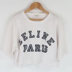 美品 CELINE セリーヌ 2X743671Q Tシャツ M コットン100％ 半袖 クロップド ショート丈 ロゴ プリント レディース AM5666W2 