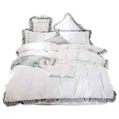 掛け布団カバー 寝具カバーセット ボックスシーツ 枕カバー 蓮の葉 ベッド用 刺繍 布団用 洗い替え速乾タイプ(ホワイト シーツ A20， 布団カバー シングル・3点セット)