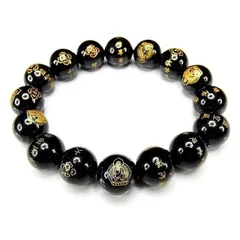 4Aオニキス十二支御守り本尊仏像漢字金箔彫り12mm天然石ブレスレット