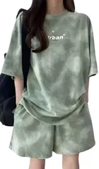 [エンプティオ] リラックスウェア 可愛い 短パン ルームウェア 上下セット レディース 部屋著 パジャマ ショートパンツ 上下 セットアップ トップス ズボン 総柄 丈長め 寝心地 半ズボン 肌触り ラクユメ ラフ ショーパン [タイダイ柄グリーン] [M]