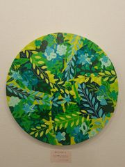 丸い緑だらけの作品　F10号　丸キャンバス　アクリル絵の具　画家　小楠アキコ作品