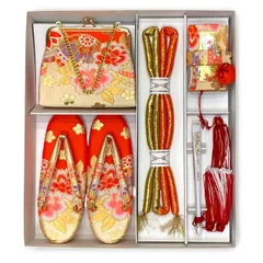 七五三 はこせこセット 草履(21cm) バッグ 筥迫 帯締め 扇子 平簪 7歳 女の子「朱赤ｘベージュ、鞠と牡丹」IOHS28-639