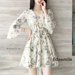 シフォンワンピース 膝上丈 チュニック 花柄ワンピース フレア aライン vネック フレア袖 リボン付き 大人可愛い 20代30代40代 低身長 レディース夏服 asian