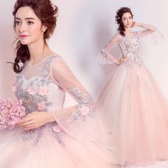 ピンク ロングドレス Aライン フレア袖 20代 30代 40代 結婚式 花嫁 ウェディングドレス パール フラワー お洒落 パーティドレス ロング丈