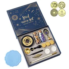 炉 ワックス 印面4種 シーリングワックス 初心者 スタンプ 招待状 結婚式 封蝋 記念日 誕生日 祝い セット 手紙 印章 シーリングスタンプ 封書 装飾用 DIY aninako ギフトボックス (青)