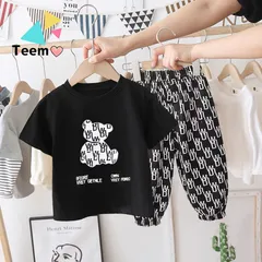 ２点セット くま 半袖 Tシャツ 柄パンツ 男の子 女の子 カジュアル ワンポイント キッズ 子供 かっこいい 可愛い かわいい おしゃれ 春 夏 秋 通園 通学 レジャー お出かけ 子供服 韓国子供服