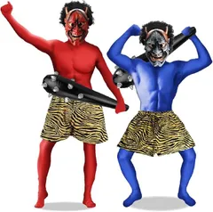 mewin 肌見えゼロ 節分用衣装 鬼コスチューム 5点フルセット 全身タイツ ウィッグ付き お面 棍棒 虎柄パンツ(レッド,  Free Size)