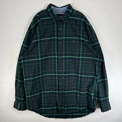 古着 トミーヒルフィガー TOMMY HILFIGER 長袖シャツ 大きいサイズ 肉厚 ロゴ 刺繍 ボタンダウン XL  グリーン系 チェック メンズ