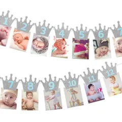 1歳 写真クリップ 12月 キラキラ 誕生日飾り クラウン バナー 壁飾り 誕生日 パーテイ飾り ガーランド (シルバー＆ブルー) Kingsie