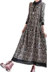 newNE ニューネ 花柄 アラベスク ワンピース レトロ ロング丈 裾レース ウエストマーク かわいい ドレス デザイン 普段着 楽ちん ガールズ ゆったり 長袖(ブラック,  XL)