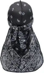 DAZUMA ドゥーラグ ペイズリー サテン ヒップホップ ダンス 帽子 バンダナ ターバン 海賊 ダンサー デュラグ 尻尾 インナーキャップ 汗止め durag( ブラック)