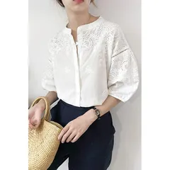 バルーンスリーブ シャツ レディース 5分袖 トップス レース 春夏 前開き シャツブラウス 透かし雕り ホワイト シースルー おしゃれ