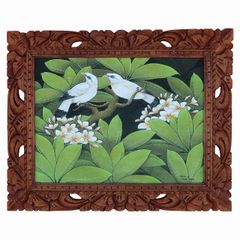 2匹の白い鳥 プンゴセカンスタイル Parsa作 52X42 ハワイアン アジアン バリ絵画 アート プルメリア フランジパニ 鳥の絵 リゾート インテリア 240405