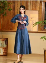 秋 ガウンワンピース 大きいサイズ レトロ レトロワンピース レディース デニムワンピース シャツワンピース シャツワンピ Vネック デニム 刺繍 エスニック 9分袖 長袖 ロング 前開 ワンピース きれいめ 大人かわいい 30代 40代 50代