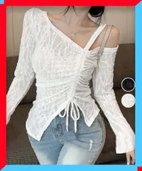 新品 ワンオフショルダーレースTシャツギャザー 肩出しトップス薄手 細身Tシャツ肌見せ ストレッチ秋服長袖