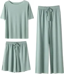 グリーンパキラ レディース ルームウェア パジャマ 可愛い ナイトウェア 上下セット 半袖 寝巻き 薄手 接触冷感 旅行 トラベル 入院 プレゼント ギフト 女性 婦人 シニア ウエストゴム ショートパンツ(グリーン,  Free Size)