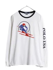 【お得なクーポン配布中!】 ポロ ラルフローレン プリント 長袖 Tシャツ メンズ L 復刻 ロンT スキー 袖プリント リンガー コットン カットソー クルーネック ホワイト