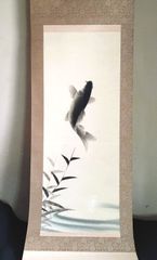 清光◆飛鯉図◆掛軸 書画 日本画 彩色 肉筆 絹本 縁起物 アンティーク コレクション 絵画 骨董 古美術