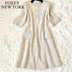 極美品 フォクシーニューヨーク ツイード フレアワンピース 飾りボタン ベージュ 極美品 フォクシーニューヨーク ツイード フレアワンピース 飾り
