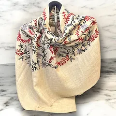 スカーフ カシミールショール 大判 花柄 手刺繍 手織り カシミヤ  パシュミナ 柔らかい 春夏 薄手 タペストリー シルク ハンドメイド　手作り 一点もの ベージュ 冷房対策 カジュアル エスニック アジアンスタイル