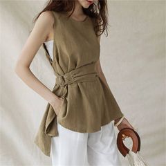 タンクトップ レディース 新作 ノースリーブ ラウンドネック 無地 Tシャツ 綿麻 ベルト ウエストマーク チュニック プルオーバー トップス 春 夏 デザイン感 ゆ zzr06302137c03a