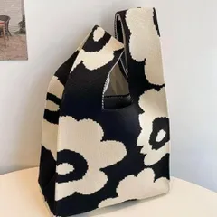 大人気 ミニトートバッグ 花柄 ニットバッグ マルシェバッグ 北欧花 お花 黒