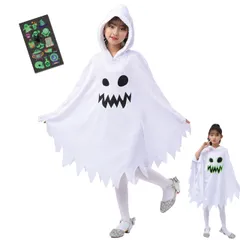 [GOKEI] ハロウィン コスプレ 子供 ポンチョ お化けポンチョ フード付き タトゥーシール1枚 仮装 コスプレ服 キッズ おばけマント 幽霊マント かわいいゴースト 魔女 精霊 悪魔 男の子 女の子 演出服 コスチューム 衣装