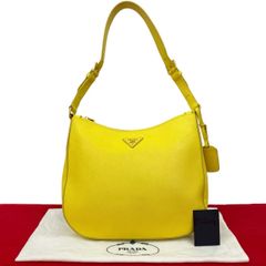 ほぼ未使用 希少品 保存袋付 PRADA プラダ 三角ロゴ 金具 サフィアーノ レザー 本革 ショルダーバッグ トートバッグ イエロー 388-4