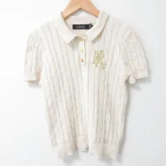 美品 LAUREN RALPH LAUREN ローレンラルフローレン ロゴ刺繍 金釦 半袖 ケーブルニット ポロシャツ セーター XS ベージュ レディース 古着 中古 USED